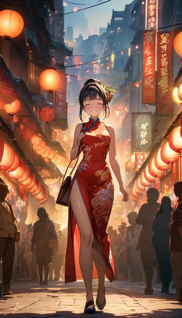 (best quality,8k,highres, masterpiece:1.2), (anime style),ultra-detailed, HDR, UHD, studio lighting, ultra-fine painting, sharp focus, physically-based rendering, extreme detail description, professional, vivid colors, bokeh, portraits, concept artists, warm color palette, dramatic lighting,Summer festival night,1 beautiful woman,(no sleeves China dress),updo, big smile, closed eyes, (The cityscape lined with the fairs of summer festivals),(beautiful hair, glowing skin,),full body,(Silhouette of a passing crowd),(anime style),Holding a Hermès Kelly Bag