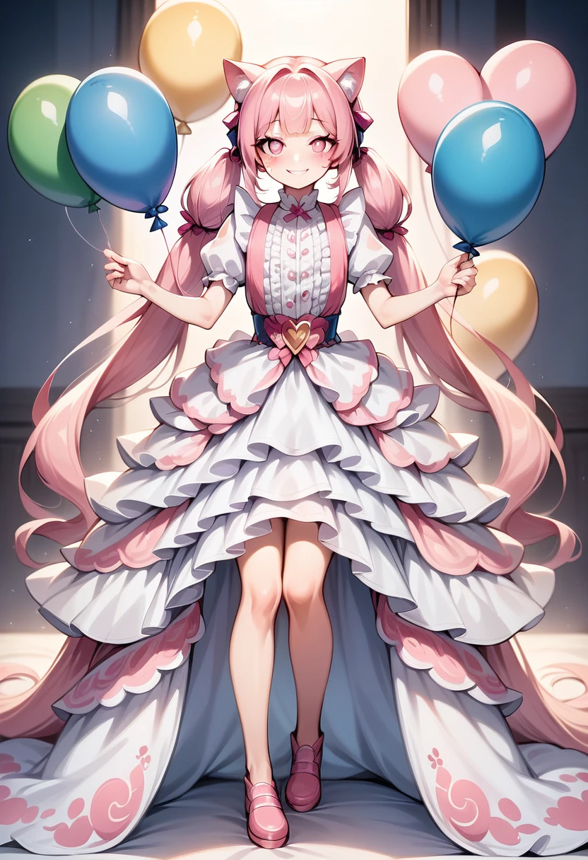 1 girl, PINK cat ears, long pink hair in twin tails, bangs, ((pink hair color, pink eyes, bright rainbow colors theme balloons, very long eyelashes, fluorescent eyes, bright eyes)), silky hair, girly, (love, loving face, delighted expression, smile), frills, looking at viewer, (full body), all chlothes are pink and pure white, much frills, illustration, (anime coloring), (masterpiece), (best quality), (intricate details), ai-generated, blush with white freckles on cheeks, (beautiful idol frill dress, heart-shaped pupils),