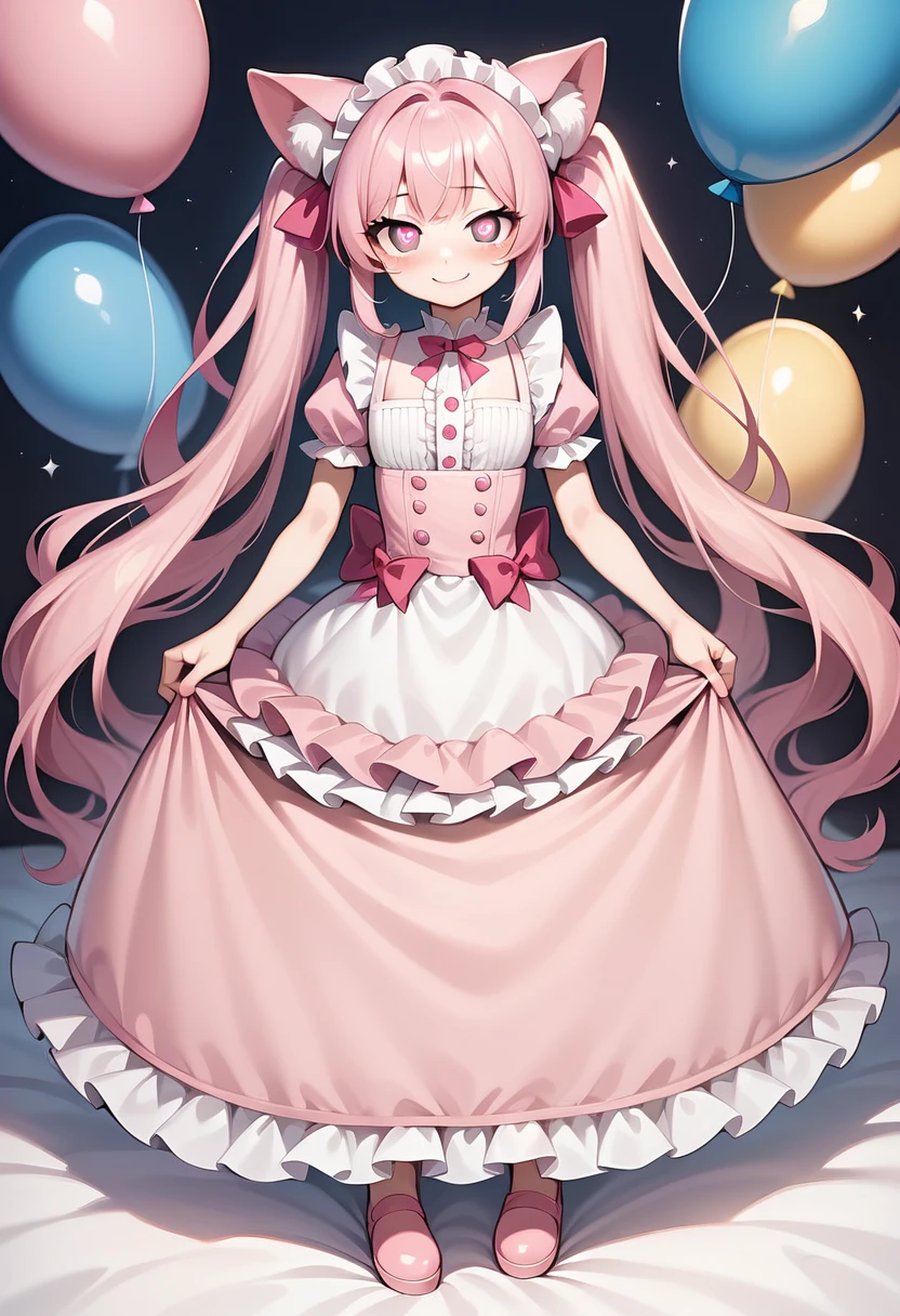 1 girl, PINK cat ears, long pink hair in twin tails, bangs, ((pink hair color, pink eyes, bright rainbow colors theme balloons, very long eyelashes, fluorescent eyes, bright eyes)), silky hair, girly, (love, loving face, delighted expression, smile), frills, looking at viewer, (full body), all chlothes are pink and pure white, much frills, illustration, (anime coloring), (masterpiece), (best quality), (intricate details), ai-generated, blush with white freckles on cheeks, (beautiful idol frill dress, heart-shaped pupils),