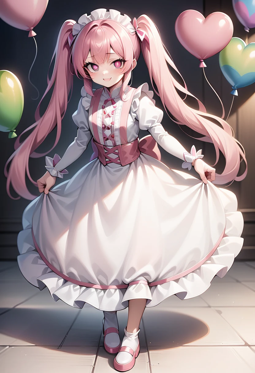 1 girl, PINK cat ears, long pink hair in twin tails, bangs, ((pink hair color, pink eyes, bright rainbow colors theme balloons, very long eyelashes, fluorescent eyes, bright eyes)), silky hair, girly, (love, loving face, delighted expression, smile), frills, looking at viewer, (full body), all chlothes are pink and pure white, much frills,  illustration, (anime coloring), (masterpiece), (best quality), (intricate details), ai-generated, blush with white freckles on cheeks, (beautiful idol frill dress, heart-shaped pupils),