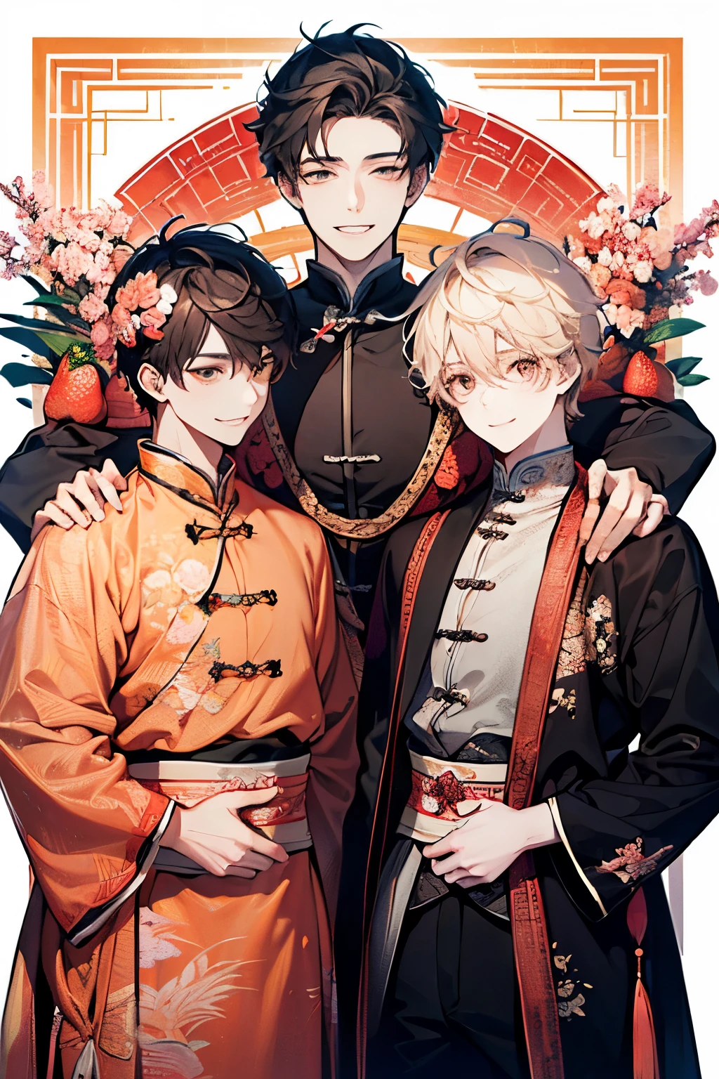 (Two men standing with their arms around each other:1.45)、((Smiling with a big smile:1.1)),((boys love:1.25)),(masterpiece、highest quality、highest quality、Beautiful and beautiful:1.2)、(Good anatomy:1.5)、Painting of a Man with milky blonde wave hair、Shy smile、Sparkling Eyes、looking down、strawberry pattern background、((long hair:1.2))、(black hair:1.45)、(black、pink、orange、yellow:1.2)、(Chinese hanfu concept:1.25)、((high quality view:1.2))