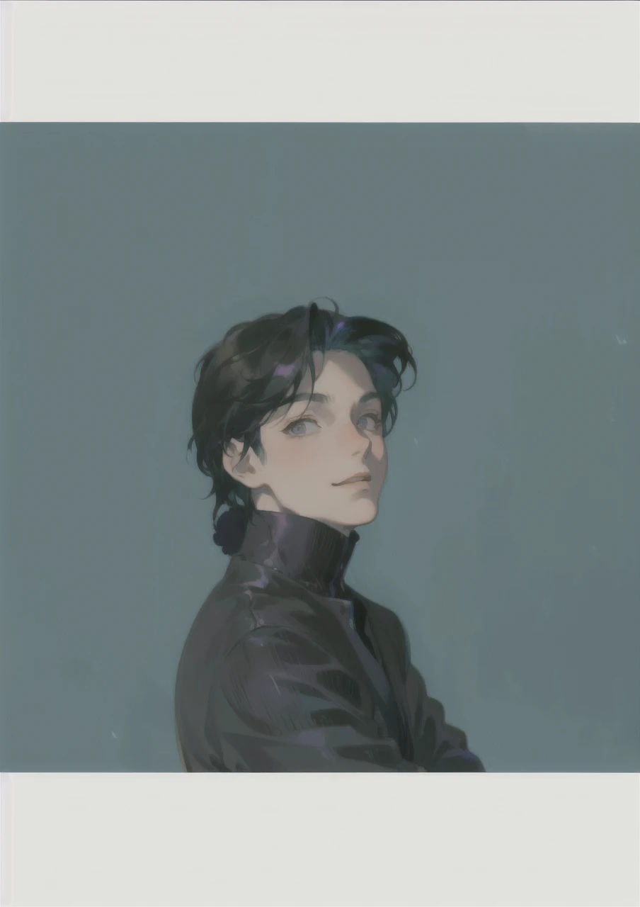 masterpiece, illustration, high quality, 1 boy, kazehaya tatsumi, happy gentle smile, green hair, purple eyes, upper body, slightly side view, holographic clothing, looking at viewer, pose,