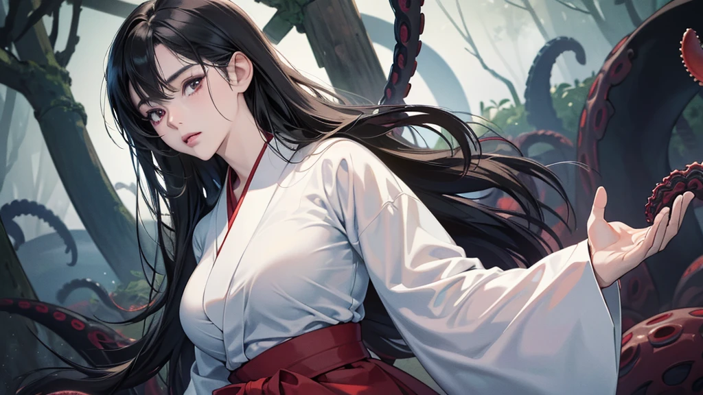 (perfect anatomy:1.2)(absurdres, highres, ultra detailed),masterpiece,best quality,high resolution,8K,Realistic face,Realistic skin texture,magnified textures, stunning clarity,(1 girl),detailed anime girl,japanese lowteen girl,ultra detailed eyes and face,(black hair),long hair,creepy swamp,mysterious eyes,midnight,(tentacles in the background:1.2),pale skin,Japanese shrine maiden, ,(white kimono),(red hakama) thin body type,big breasts,(expressionless:1.2),(from front),upper body,,Daytime,look at viewer