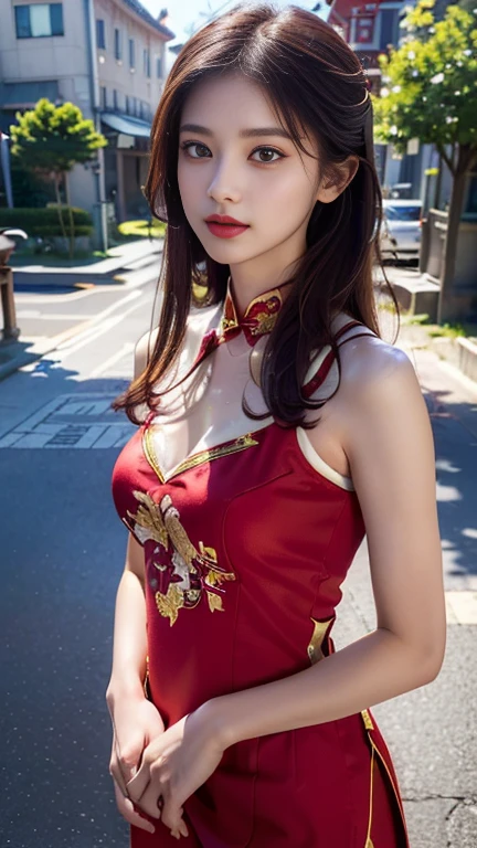 Arabian Asian woman in red dress sitting at table, wearing a red China dress, China dress, Gorgeous Chinese Model, 古代Chinese Costumeを着て, China dress, Chinese style, Chinese Costume, Traditional Chinese, Traditional Chinese clothing, Wearing Ancient Chinese Clothing, Graceful smile pose, Chinese Girl, Trending on cgstation, Chinese women, Shashi