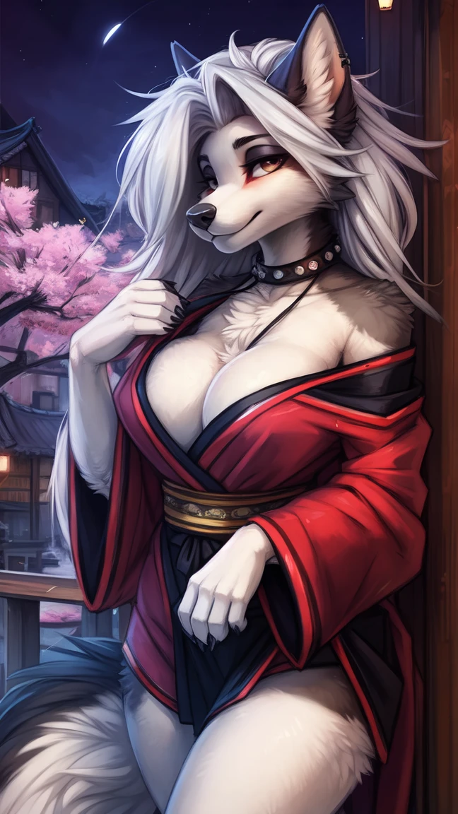 by kenket, Ross Tran, ruan jia, zaush, foxovh, by Zackary911, by hyattlen, by teranen, by fumiko, by Pixelsketcher, by fluff-kevlar, bye r-mk, by Dimwitdog, Furry, Anthro, (oiran), ((prostitute)), (luxurious off-shoulder kimono), (loona), helluva boss, hellhound, kemono, (huge breasts), long (elegant) white hair, hourglass body, revealing outfit, seductive, looking at viewer, gray fur, white fur, traditional japanese, magic fantasy, (mature), milf, tall, curvy, outdoors, cherry blossoms, nighttime, cleavage, tugging on own clothes, (red sclera), light blue iris,
