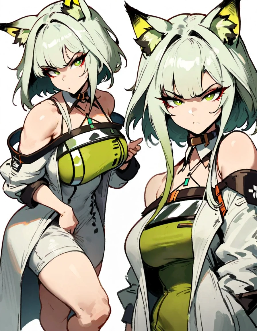1girl, kal'tsit \(arknights\), arknights \\\\\ masterpiece, best quality, very aesthetic, absurdres, newest \\\\\\ slim body,///// ,by nyantcha,cutesexyrobutts , by khyle,,////// ,,,, , ,,detailed face, , ,, , , , , beautiful face, (white background:1.2), , sexy, , serious.angry, green eyes, animal ears, , ,,,big tits,), in the center of the frame,,, ,wears a lab coat, ,full body , solo,