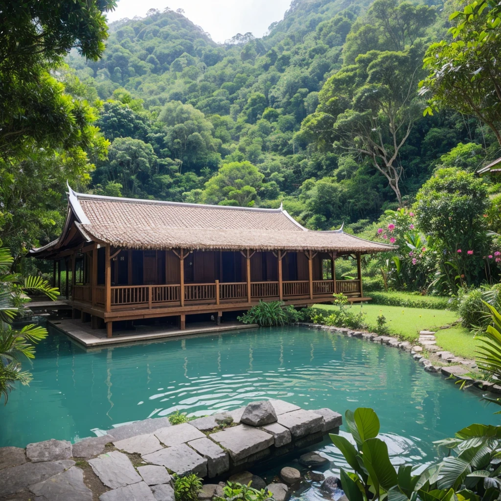a Malay wooden cottage with a wide balcony with some Bougainville plants, the cottage is build on the top of the grass hills, a shallow crystal clear small river near the hill. some flower bushes grows near the stones along the river, there is a stones bridge on the river near that cottage, forest mountain, blue sky,