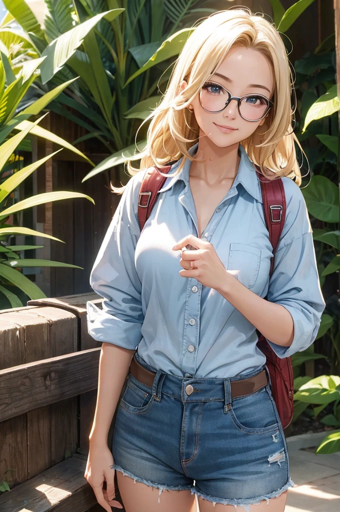 最high quality, high quality, High resolution, high quality texture, high quality shadows, High resolution, Beautiful details, Detailed CG, Detailed Texture, Realistic representation of face, Realistic, colorful, delicate, Cinematic Light, Side light, Lens flare, Ray Tracing, sharp concentrated, (1 Girl,concentrated:1.3), ( Intricate details, compensate, PureErosFaceV1:0.5), (細部まで美しいdelicateな顔, 緻密で美しいdelicateな瞳, Perfect Facial Proportions, Dense skin, Optimal ratio of four fingers to one thumb, Modest chest, Beautiful Hips, Smooth upper abdomen, blue eyes , glasses ,White shirt, Denim pants ,trekking shoes, , Backpack, ,buzzer, blue sky,adventure journey ,the gaze of true love, lips of temptation, A look full of compassion ,a smile full of love, Acting lovey-dovey, waist up, 35 years old, hiking,house wife,show off nipples under white shirt, air fortress hair, blonde hair,jordan,Petra Ruins