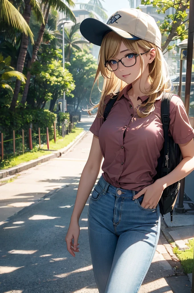 最high quality, high quality, High resolution, high quality texture, high quality shadows, High resolution, Beautiful details, Detailed CG, Detailed Texture, Realistic representation of face, Realistic, colorful, delicate, Cinematic Light, Side light, Lens flare, Ray Tracing, sharp concentrated, (1 Girl,concentrated:1.3), ( Intricate details, compensate, PureErosFaceV1:0.5), (細部まで美しいdelicateな顔, 緻密で美しいdelicateな瞳, Perfect Facial Proportions, Dense skin, Optimal ratio of four fingers to one thumb, Modest chest, Beautiful Hips, Smooth upper abdomen, blue eyes , glasses ,Aloha Shirt, Denim pants ,trekking shoes, work cap, Hawaii, Waikiki Beach ,buzzer, blue sky,trekking backpack ,adventure journey ,the gaze of true love, lips of temptation, A look full of compassion ,a smile full of love, i love you, Acting lovey-dovey, waist up, 35 years old, hiking,house wife,air fortress hair, blonde hair