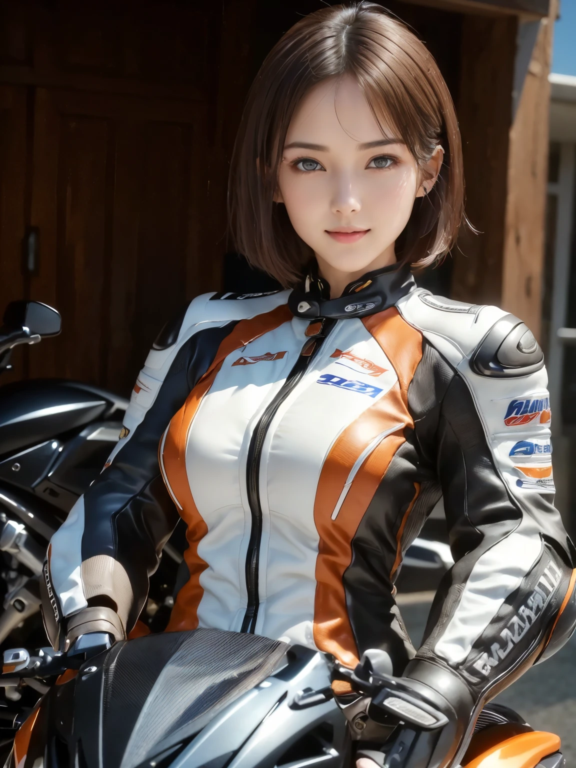 (8K, Highest quality photo quality:1.3), so beautiful, .3d, Brown Hair、Very Short Hair, blue eyes, (Abdominal muscles, Slim figure: 1.1), Sharp focus, (((Intricate details)), Beautiful and delicate lips, Beautiful and delicate nose, Beautiful and delicate mature face, Beautiful and delicate eyes, ((Realisticなしっとりと白い肌)), (Realistic, Realistic), Cinematic Light, Face Light, Attractive long limbs, smile, (((Detailed Motorcycle)))、(((Riding a motorcycle)))、Full Body Shot、Orange fitted long sleeve racing leather suit