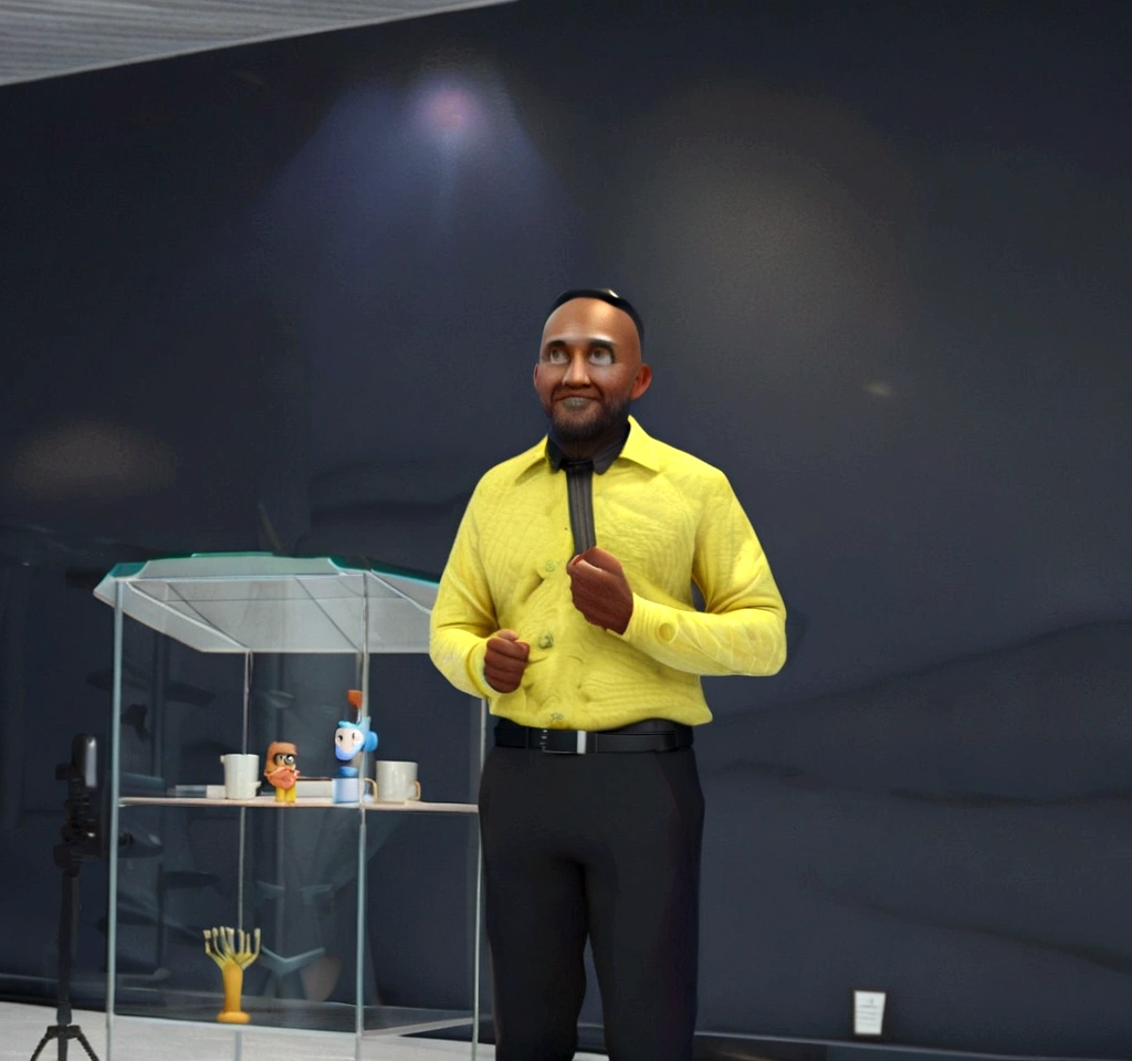 Cartoon character of a man in black glasses and blue shirt, an animated character, stylized character, animation style rendering, 3d stylized, Arnold Maya rendering, Stylized 3D rendering, toon render screenshot, 3d character, 3d character, Stylized 3D rendering, 3D character rendering, cartoon character, Personagem de close up, character posing, (Pixar-style) (master part:1.2) (bokeh) (best qualityer) (skin detailed) (detailed texture) (8K) (Argilla) (cinematic lighting) (sharp focus,Sit down and lift your upper body