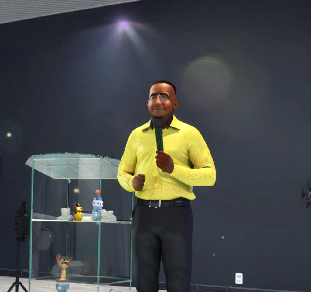 Cartoon character of a man in black glasses and blue shirt, an animated character, stylized character, animation style rendering, 3d stylized, Arnold Maya rendering, Stylized 3D rendering, toon render screenshot, 3d character, 3d character, Stylized 3D rendering, 3D character rendering, cartoon character, Personagem de close up, character posing, (Pixar-style) (master part:1.2) (bokeh) (best qualityer) (skin detailed) (detailed texture) (8K) (Argilla) (cinematic lighting) (sharp focus,Sit down and lift your upper body