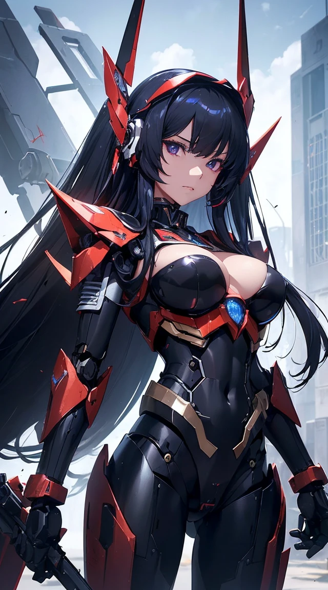 ((Shining lenses on both breasts:1.3))、((Pillars of red light radiate from both chests..:1.3))、((Attack pose:1.6))、((He has a red sword and a long rifle:1.6))、((Battle Scenes:1.8))、((8K)), ((32k)), ((Highest quality)), ((masterpiece)), ((超A high resolution)), ((Tmasterpiece)), ((Halation:1.4))、((Mechaニカルheadgear:1.2))、((Cyber headphones:1.3))Fine skin, High quality fabric, High-quality metal texture、((Beautiful and dense face))、RAW Photos、Professional, Ultra-fine painting, ((alone)), Beautiful breasts、Highest quality, Very detailed, Very detailed詳細, Finer details, so beautiful, ((Black Knight Robot:1.2)), (Joint of the machine, Mechanical Limbs:1.3), (The internal structure of the machine is exposed:1.3), (Long black hair:1.1), (Beautiful and huge mechanical breasts)、White Veil, cowboy_shot, Side Focus, headgear, Shiny、(Five Fingers, Four fingers and thumb),Concept Art, Anime fantasy artwork, Detailed fantasy art, (Has light blue-purple hair and black wings,,,,,,), (((Long black hair))), (Mecha:1.6)、Sleek and intimidating design, (Jet black perfect robot body)、Jet black and reddish purple arms, Symmetrical wings, 8K High Resolution, Detailed Art, 3D rendering of character art in 8K, neat legs, Defined, Defined fingers,((headshot:1.6))