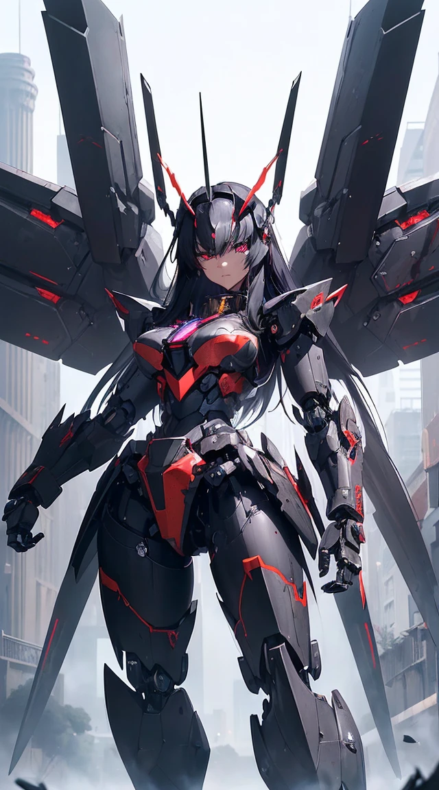 ((Shining lenses on both breasts:1.3))、((Pillars of red light radiate from both chests..:1.3))、((Attack pose:1.6))、((He has a red sword and a long rifle:1.6))、((Battle Scenes:1.8))、((8K)), ((32k)), ((Highest quality)), ((masterpiece)), ((超A high resolution)), ((Tmasterpiece)), ((Halation:1.4))、((Mechaニカルheadgear:1.2))、((Cyber headphones:1.3))Fine skin, High quality fabric, High-quality metal texture、((Beautiful and dense face))、RAW Photos、Professional, Ultra-fine painting, ((alone)), Beautiful breasts、Highest quality, Very detailed, Very detailed詳細, Finer details, so beautiful, ((Black Knight Robot:1.2)), (Joint of the machine, Mechanical Limbs:1.3), (The internal structure of the machine is exposed:1.3), (Long black hair:1.1), (Beautiful and huge mechanical breasts)、White Veil, cowboy_shot, Side Focus, headgear, Shiny、(Five Fingers, Four fingers and thumb),Concept Art, Anime fantasy artwork, Detailed fantasy art, (Has light blue-purple hair and black wings,,,,,,), (((Long black hair))), (Mecha:1.6)、Sleek and intimidating design, (Jet black perfect robot body)、Jet black and reddish purple arms, Symmetrical wings, 8K High Resolution, Detailed Art, 3D rendering of character art in 8K, neat legs, Defined, Defined fingers,((headshot:1.6))