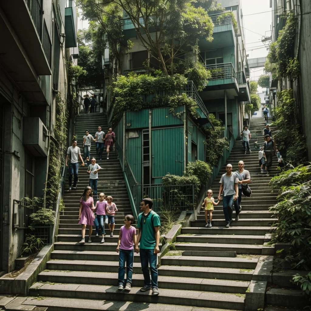 Happy family climbing a stairs to happiness in a happy green cyberpunk future city