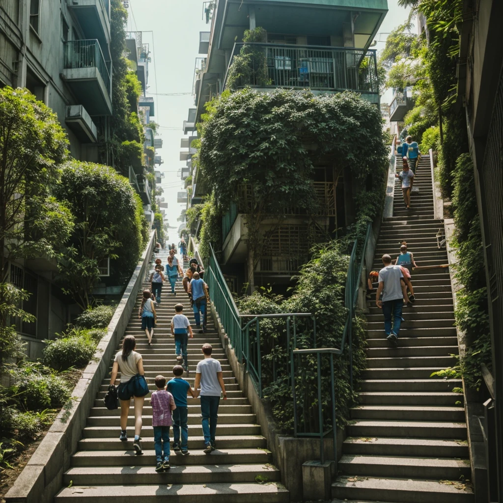 Happy family climbing a stairs to happiness in a happy green cyberpunk future city