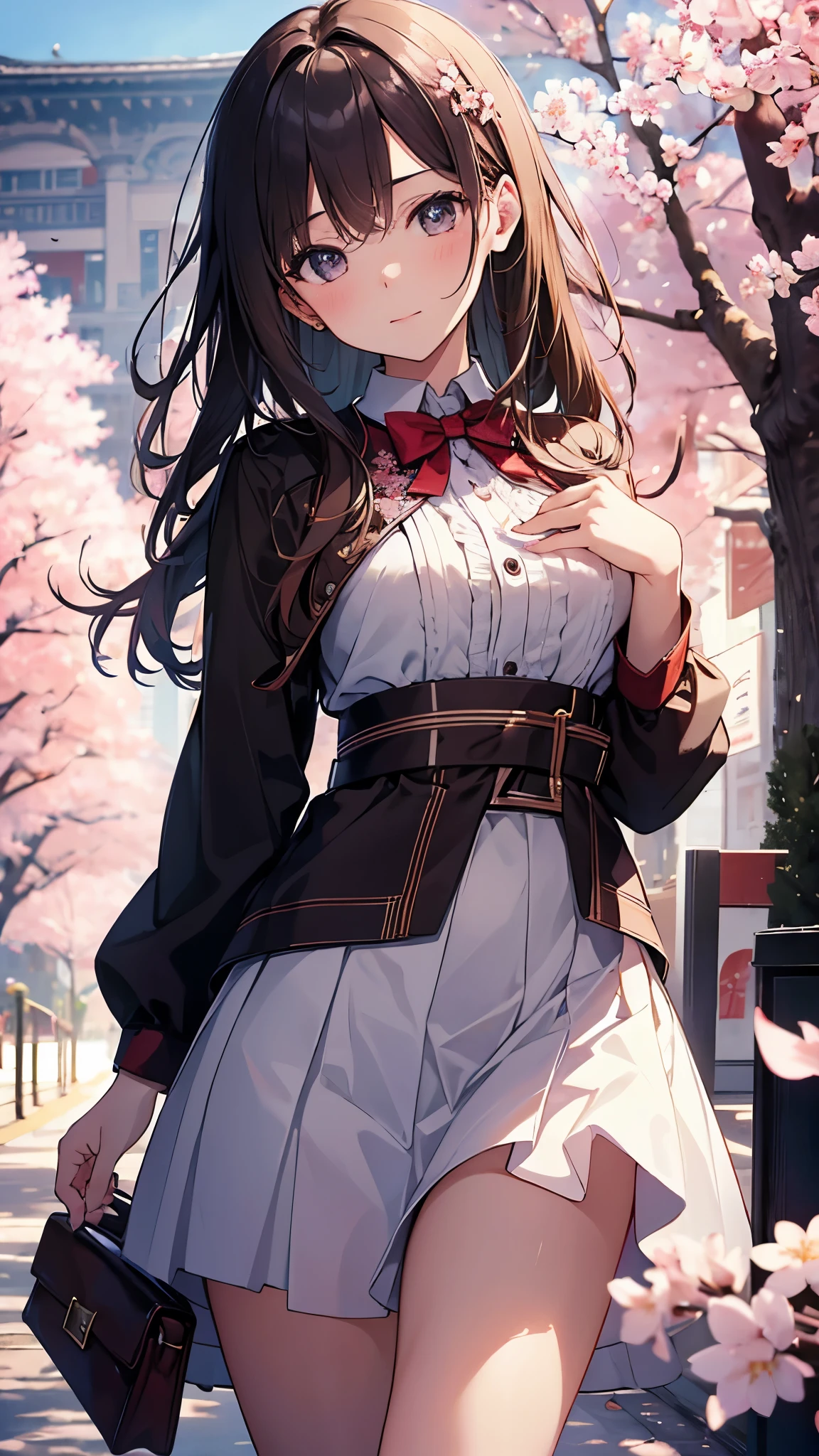 masterpiece, Highest quality, High resolution, Very detailed, Detailed Background, Cinema Lighting, One girl, cute, Medium chest, , Skirt Lift, Public indecency, View your viewers, building, Outdoor, cherry blossoms, Bokeh,