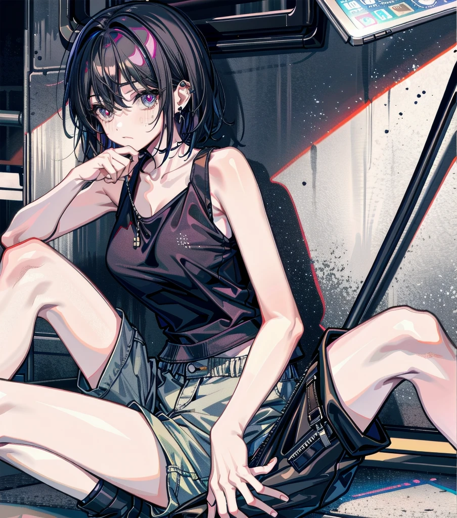 whole body, solo, alone, delicate facial features, medium tits, medium hair, black hair, tearful mole, earring, tank top shirt, cargo pants, shorts, wet,