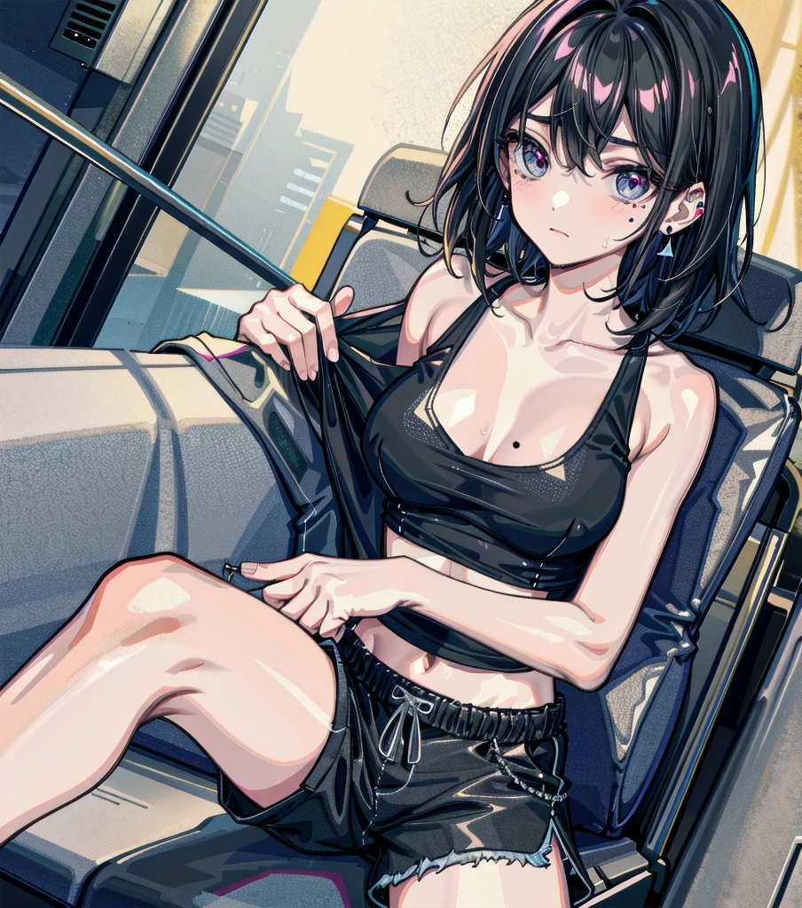 whole body, solo, alone, delicate facial features, medium tits, medium hair, black hair, tearful mole, earring, tank top shirt, cargo pants, shorts, wet,