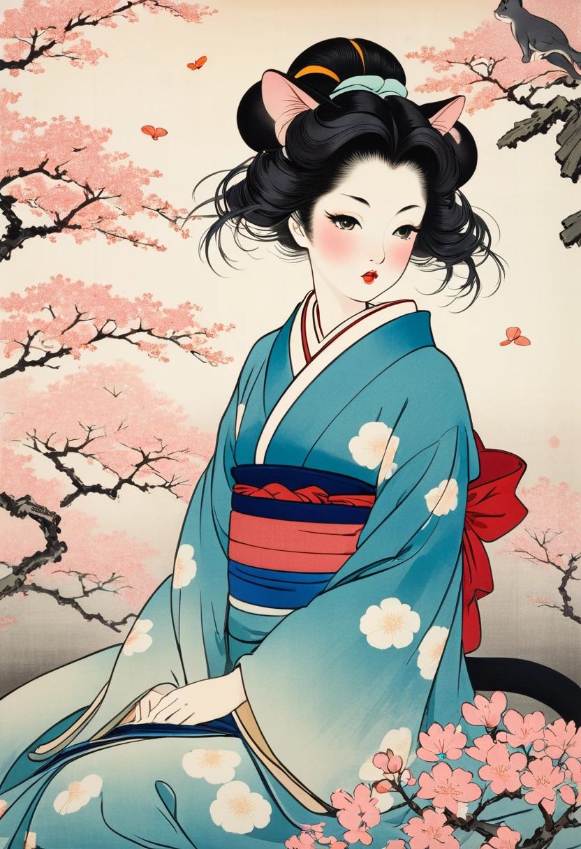 (Ito Shinsui style:1.2) , Hallucination, daydream , nightmare , Insane Dream , bokeh , erotica , romance , realistic mouse nymph and realistic cat , Hakama and boots , Petals fluttering down , Single eyelids, round nose, swollen cheeks , glossy lips , Collarbone , Hair blowing in the wind , Meiji period