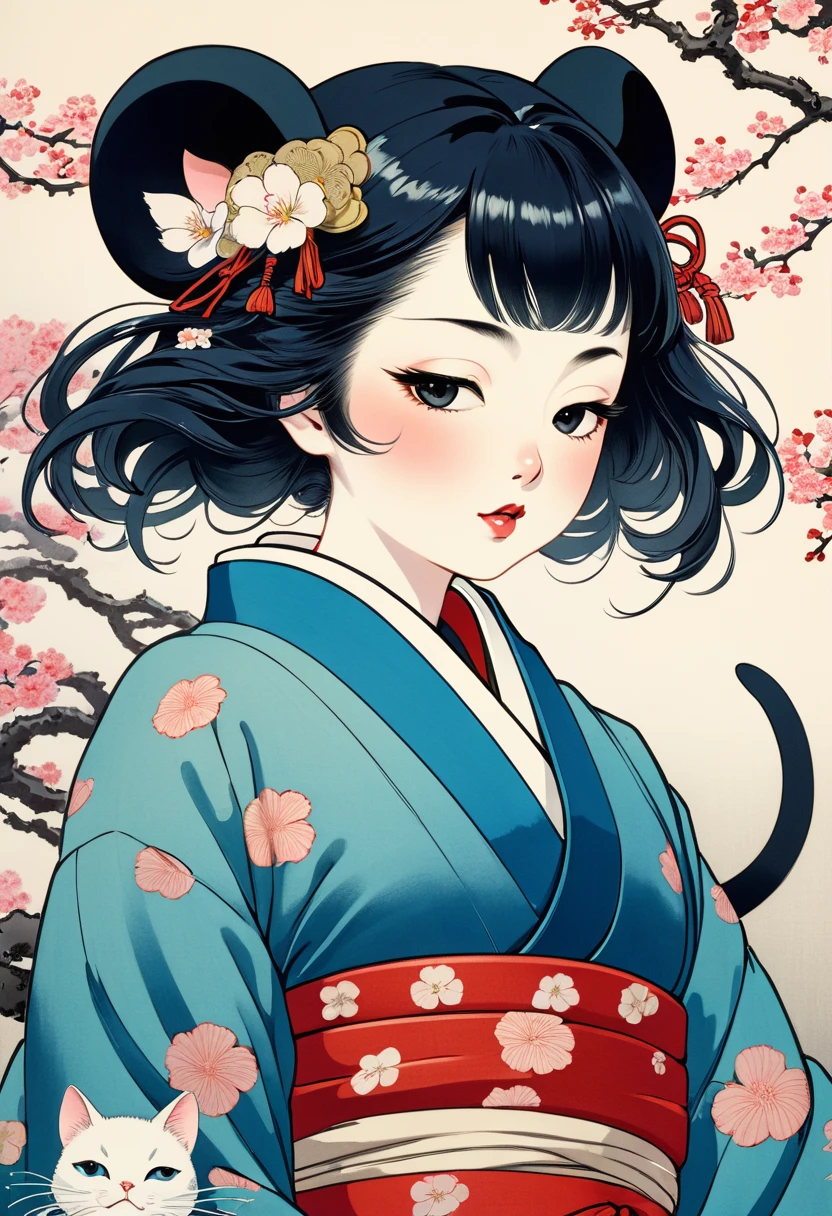 (Ito Shinsui style:1.2) , Hallucination, daydream , nightmare , Insane Dream , bokeh , erotica , romance , realistic mouse nymph and realistic cat , Hakama and boots , Petals fluttering down , Single eyelids, round nose, swollen cheeks , glossy lips , Collarbone , Hair blowing in the wind , Meiji period