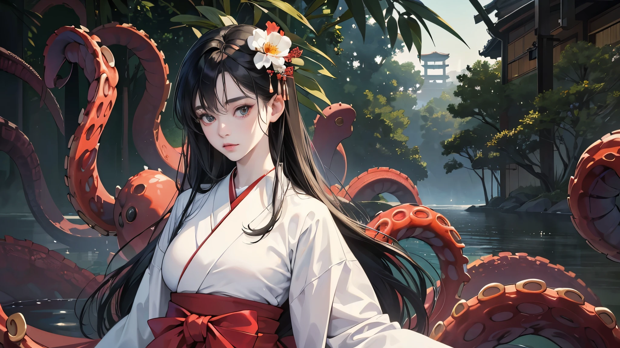 (perfect anatomy:1.2)(absurdres, highres, ultra detailed),masterpiece,best quality,high resolution,8K,Realistic face,Realistic skin texture,magnified textures, stunning clarity,(1 girl),detailed anime girl,japanese lowteen girl,ultra detailed eyes and face,(black hair),long hair,creepy swamp,mysterious eyes,midnight,(tentacles in the background:1.2),pale skin,Japanese shrine maiden, ,(white kimono),(red hakama) thin body type,big breasts,(expressionless:1.2),(from front),upper body,,Daytime,look at viewer