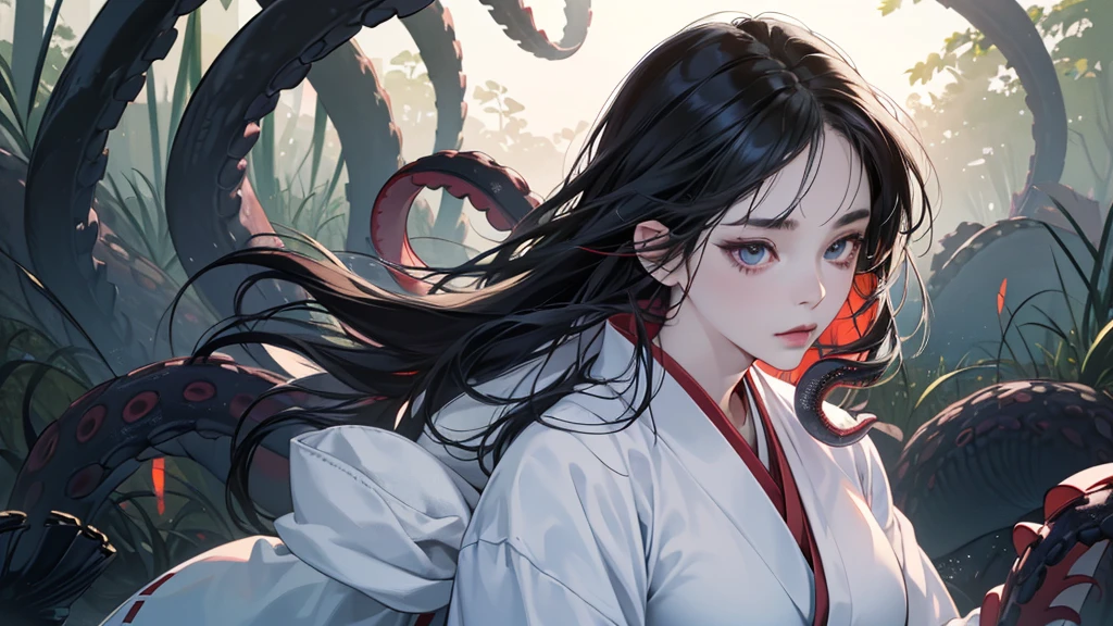 (perfect anatomy:1.2)(absurdres, highres, ultra detailed),masterpiece,best quality,high resolution,8K,Realistic face,Realistic skin texture,magnified textures, stunning clarity,(1 girl),detailed anime girl,japanese lowteen girl,ultra detailed eyes and face,(black hair),long hair,creepy swamp,mysterious eyes,midnight,(tentacles in the background:1.2),pale skin,Japanese shrine maiden, ,(white kimono),(red hakama) thin body type,big breasts,(expressionless:1.2),(from front),upper body,,Daytime,look at viewer