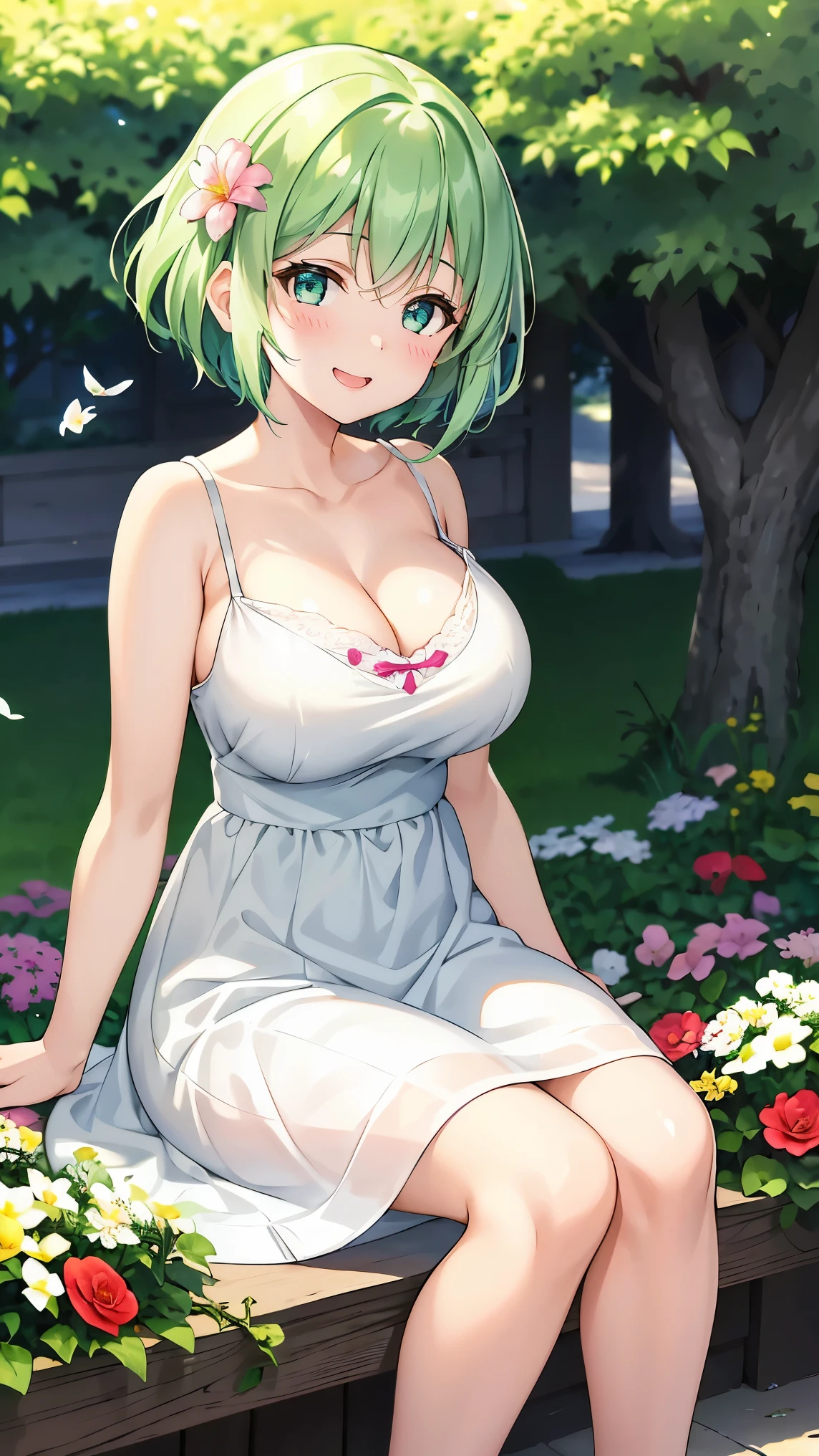 Girl with short green hair, Small size breasts, Small breasts、Green Eyes, White Casual Wear Beauty Special、(((tits))),Full body photo from head to toe、White dress、Colorful flower fields、Fluttering petals、A big smile when looking at the flowers、Uplifting