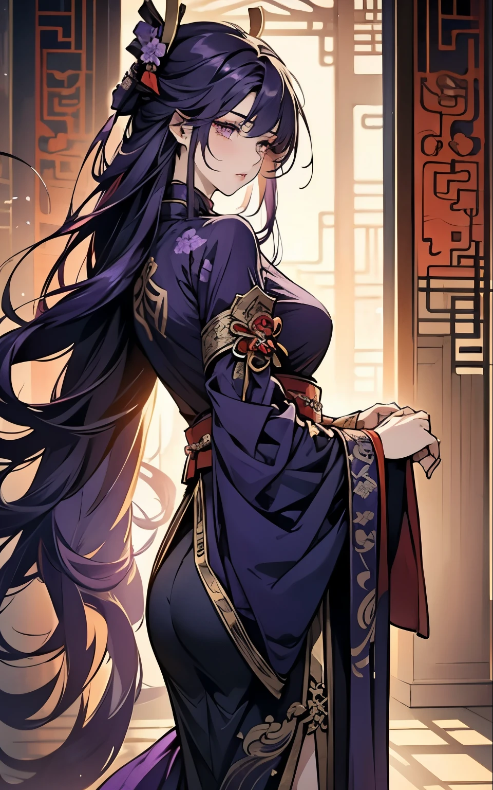 1 women, Raiden Shogun - genshin impact, long purple hair, violet eyes, violet chinese clothes, ultra long skirt, walking chinese room