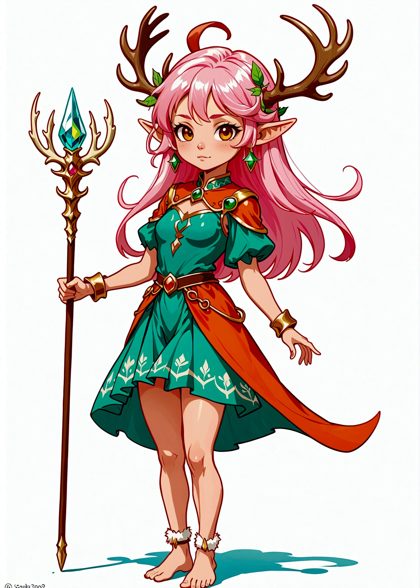 Cartoon anime style,beautiful girl,Fluffy pink hair,antlers,Elf ears,Short orange skirt,Scepter,Standing barefoot,Foot ring。(((Correct human anatomy))),White background