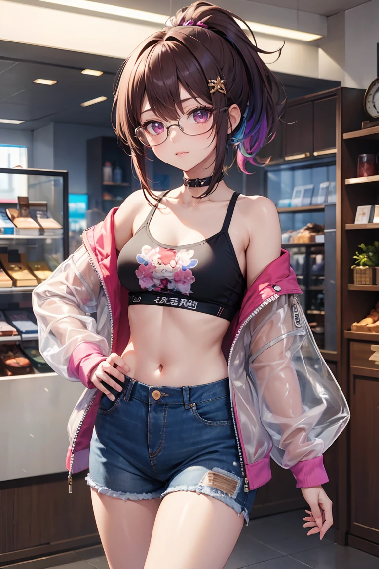 ((Masterpiece)), best quality, absurderes, ultra detailed, holographic, cowboy shot, golden ratio, super cute girl, mature girl, idol girl, super beautiful asian girl with very beautiful violet glowing eyes, glasses, beautiful glowing brown multicolored hair, high ponytail, nice and sexy body, slim body, perfect body, an anime printed super tight off shoulder long sleeve crop top, wearing super tight anime print shorts, a super aesthetic transparent mini jacket, beautiful hair ornament, sneakers, being photographed in a mall shop