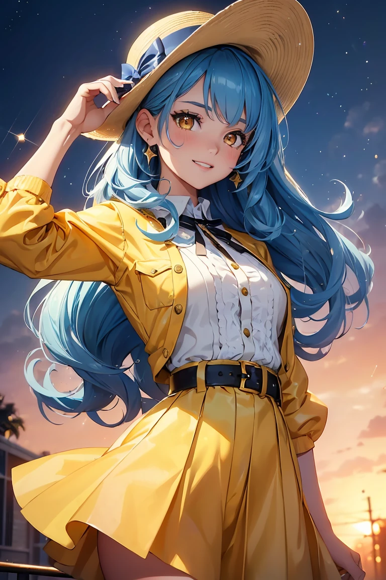 ((1 Girl)), Latest Fashion Trends, looks fun, Active jump, Cream yellow clothes ,Vintage Classic Fashion,Cowboy Shot,((Very detailed,Highest quality, High resolution, 8k wallpaper, Beautiful clothes,)),((Midnight Blue Hair, Long Wavy Hair)), (teeth), Grinning face, eye shadow, eyeliner, Very detailedな目, Clear Eyes, Beautiful Eyes, ((Sparkling golden brown eyes)), 18 year old girl