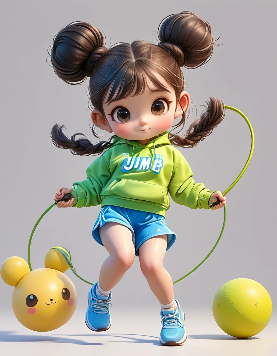 3D,1 Girl,2 buns,jump rope,Sportswear Set,Cartoon Style
