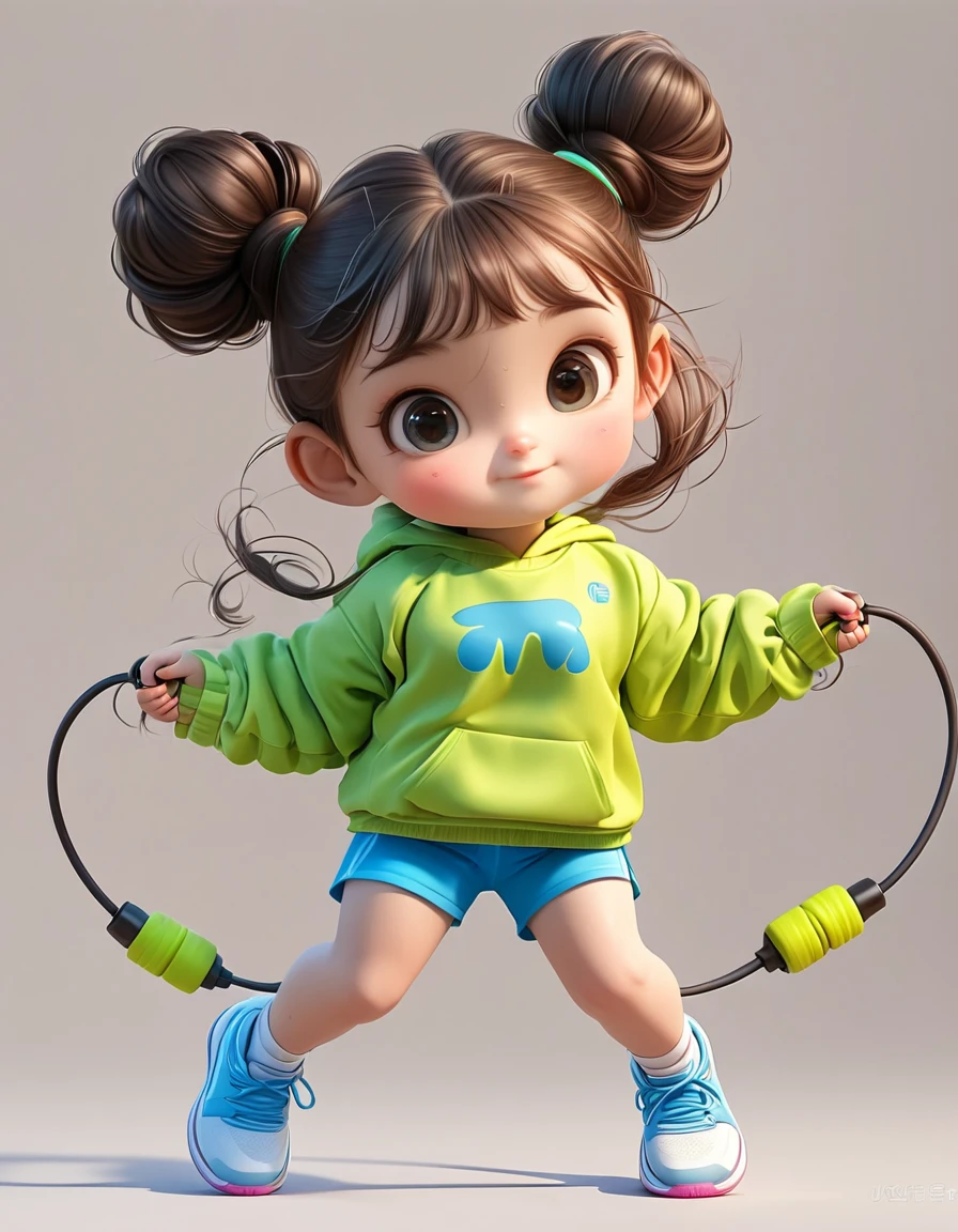 3D,1 Girl,2 buns,jump rope,Sportswear Set,Cartoon Style