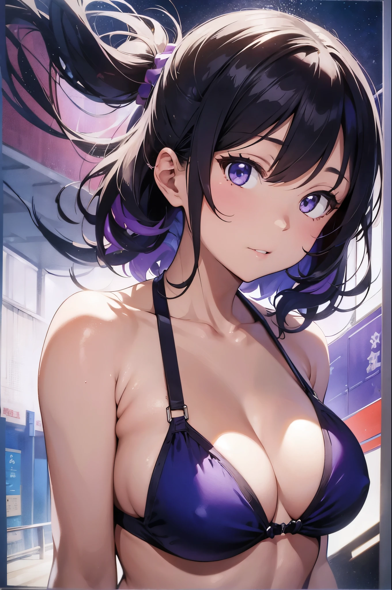 Purple haired girl drawn in high resolution Japanese anime style、whole body、Women in blue bikinis taking photos on a deserted beach, model bikini, , Young and cute gravure idol, Posing together in bras, Russian and Japanese mix, sakimichan, Asian woman, Wear a swimsuit, that'that'that'that'that'that'that'that'that'that'that'that'that'It's hot with the shining sun, Japanese Model, Cute Core, sakimichan hdri, Young Gravure Idol, Chubby