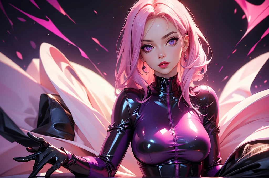 Best Quality, Masterpiece, Portrait, Perfect Anatomy, Femininity, Cool, Flawless, One Woman, Solo, Sexy, Stylish, Mature, Purple Eyes, Long Light Pink Hair, Big Breasts, Red Lipstick, Big Breasts, Latex Outfit, BDSM