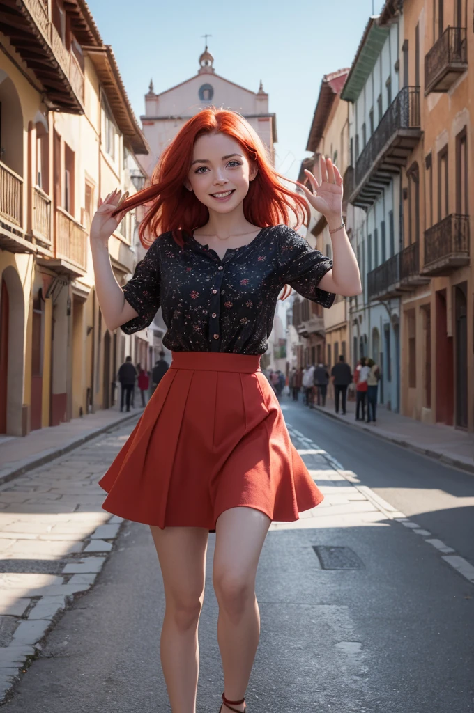 Once upon a time, in a town called Alegria, one called Laura who had a special gift: His imagination was as vast as the universe.
Laura is a  with red hair, greeneyes. Since I was very little, Laura enchanted everyone with her invented stories, that flowed like rivers of creativity.
 
Draw Laura walking through the city joy waving to people 