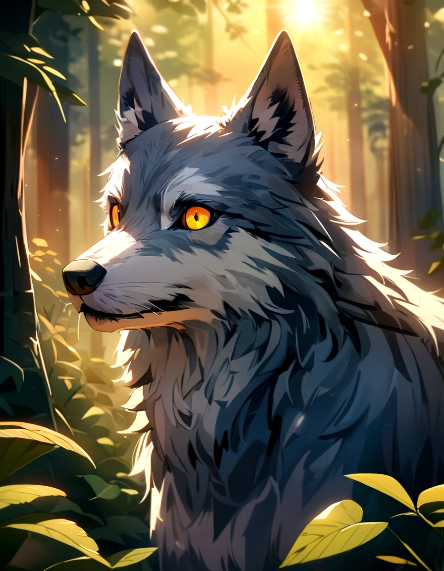 A wild wolf in its natural habitat, a dense forest during dusk. The wolf stands majestically, its fur illuminated by the soft golden rays of the setting sun filtering through the trees. The piercing eyes of the wolf convey a sense of primal intelligence and caution. The forest background is rich in detail, with complex foliage and dappled sunlight. The image should be a digital illustration with a focus on realistic textures and lighting. Get inspired by wildlife photographers on platforms like National Geographic and 500px. Use um 300mm+ camera lens for a close-up, capturing every nuance of the wolf's expression and fur. Lighting should emphasize the warmth of the sun's rays and create a sense of depth and dimension. Resolution must be at least 4K for complex details.