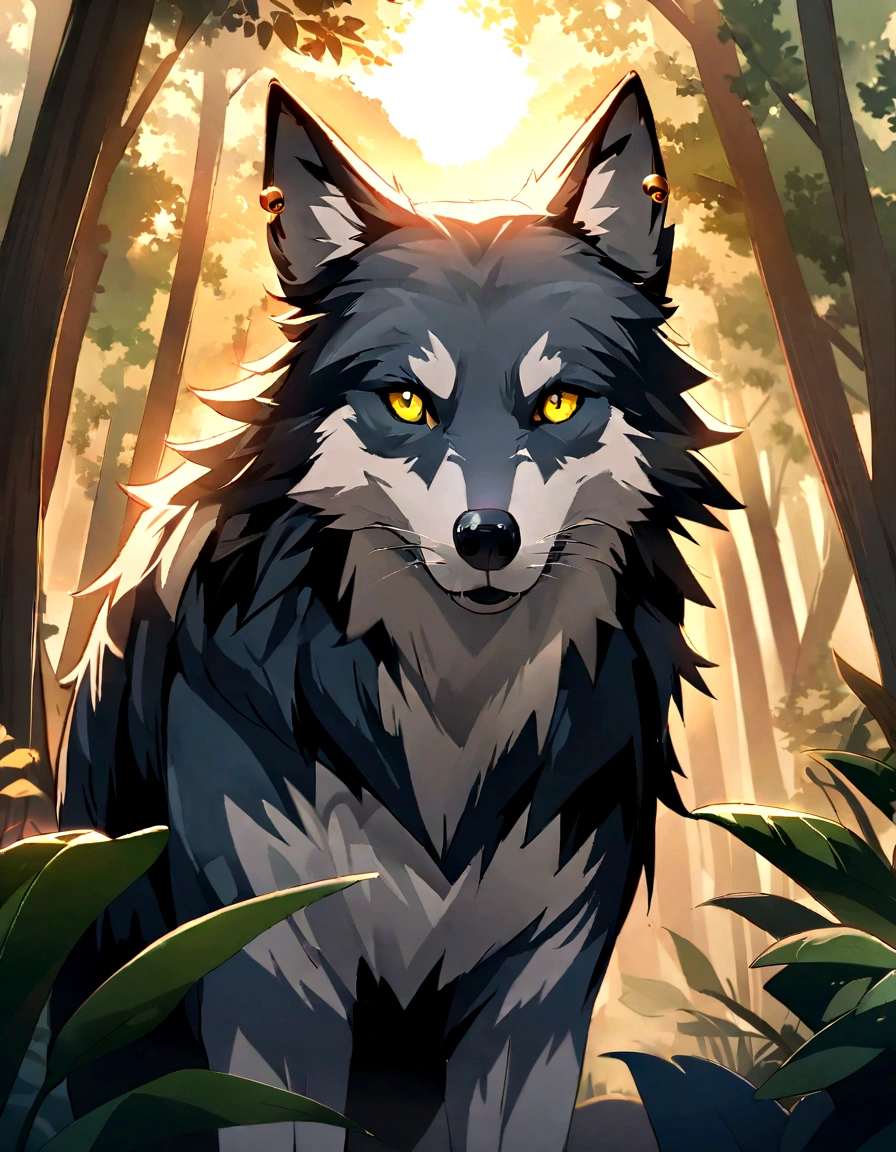 A wild wolf in its natural habitat, a dense forest during dusk. The wolf stands majestically, its fur illuminated by the soft golden rays of the setting sun filtering through the trees. The piercing eyes of the wolf convey a sense of primal intelligence and caution. The forest background is rich in detail, with complex foliage and dappled sunlight. The image should be a digital illustration with a focus on realistic textures and lighting. Get inspired by wildlife photographers on platforms like National Geographic and 500px. Use um 300mm+ camera lens for a close-up, capturing every nuance of the wolf&#39;s expression and fur. Lighting should emphasize the warmth of the sun's rays and create a sense of depth and dimension. Resolution must be at least 4K for complex details.