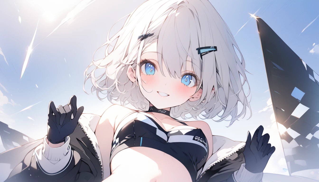 beautiful, masterpiece, Highest quality, anime, One girl, C Cup,Portrait Shot, View your viewers, Covered、Short Hair、nearby、Blue Eyes、art、、White hair,Blue streaked hair、wallpaper、hairpin、Cute smile、Thighs、navel、Black and White_Open race queen、Blue-black_Gloves、Blue-black_Knee-high boots、、Cute、Blue-black_ショートskirt、circuit、blue sky、Blue-black_ミニskirt、Blue-black_Very short_Belted_skirt