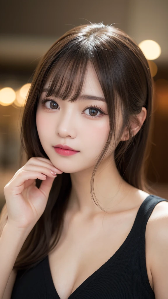 Tabletop, Highest quality, shape, Very detailed, finely, High resolution, 8k wallpaper, 完璧なダイナミックな構shape, Beautiful and detailed, Gorgeous black fluffy Tokyo winter wear,ランダムなcute髪,Small breasts,Natural color lip, Bold sexy pose,smile、20-year-old girl、cute、sexy shot looking at camera,常にBlur the background,Perfect and beautiful face,Take a picture of only the face,Beautiful and dense face、Slim face and figure,Big eyes、Putting on gal makeup,Blur the background,Blur the background,Face close-up