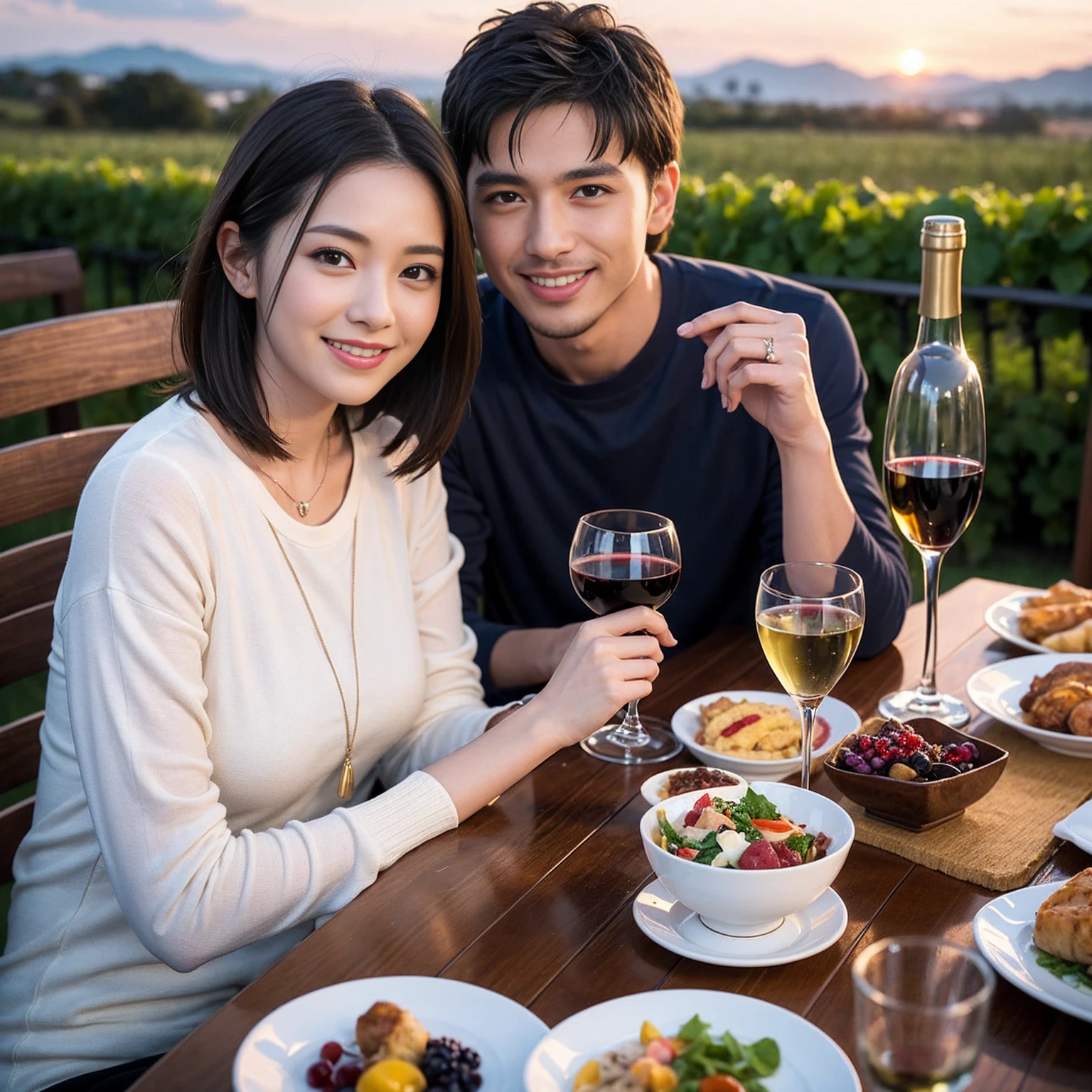 ((Highest quality、、masterpiece:1.3))、 (Genuineistic, Genuine、Bright image、Intricate details:1.2), 最高のsmile、1 male、1 female、Beautiful couple、love love love、fiancee、Good friends、actress couple、smile、Full-course dinner at a packed table、 (Slim face), (the body is slim), (Brown Hair), (short hair), テーブルのwine glass、Please shine a light on my face、 Amazing view of the sunset sky and clouds、29-year-old,age 34、 red wine 、Appetizers、Wine bottle、sparkling wine、Long sleeve shirt、dress、White wine, red wine, wine glass,