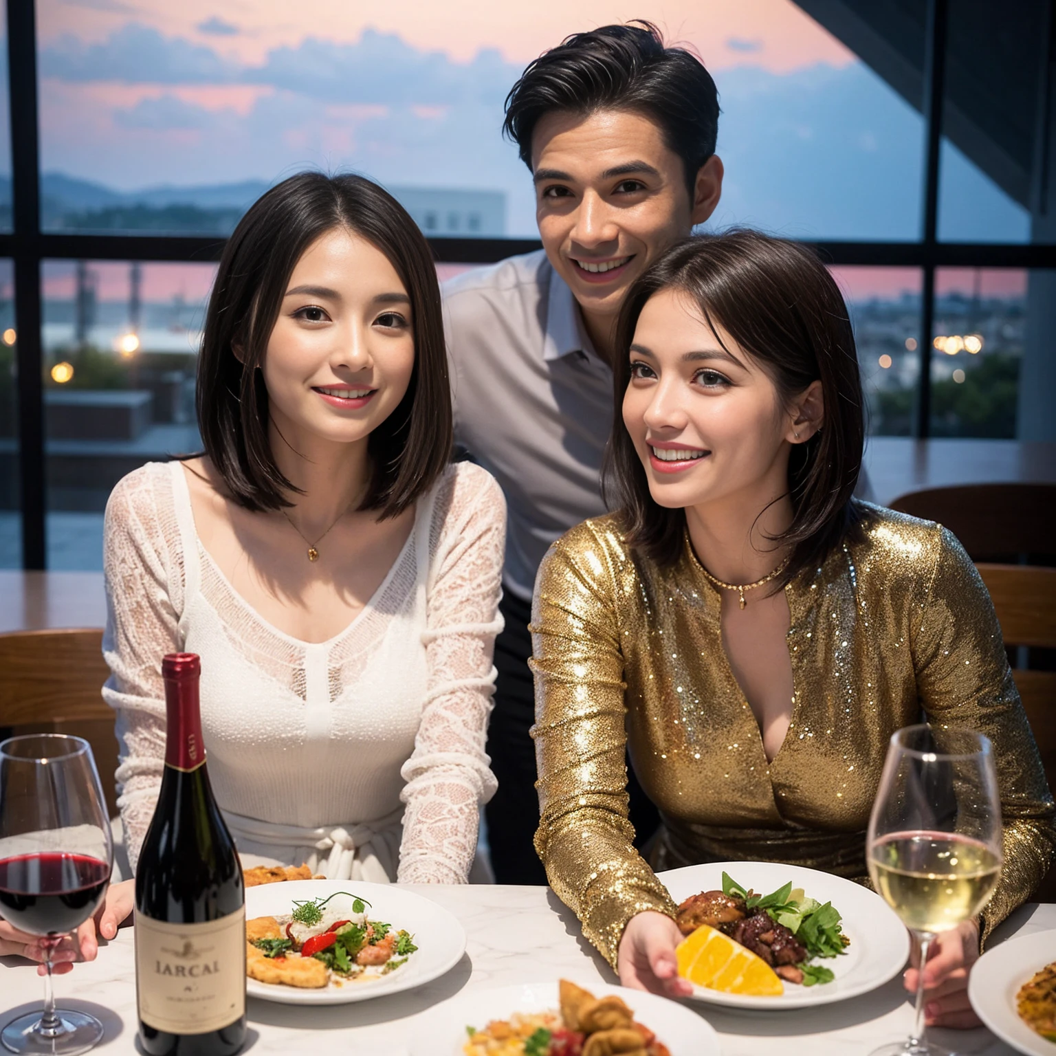 ((Highest quality、、masterpiece:1.3))、 (Genuineistic, Genuine、Bright image、Intricate details:1.2), 最高のsmile、1 male、1 female、Beautiful couple、love love love、fiancee、Good friends、actress couple、smile、Full-course dinner at a packed table、 (Slim face), (the body is slim), (Brown Hair), (short hair), テーブルのwine glass、Please shine a light on my face、 Amazing view of the sunset sky and clouds、29-year-old,age 34、 red wine 、Appetizers、Wine bottle、sparkling wine、Long sleeve shirt、dress、White wine, red wine, wine glass,