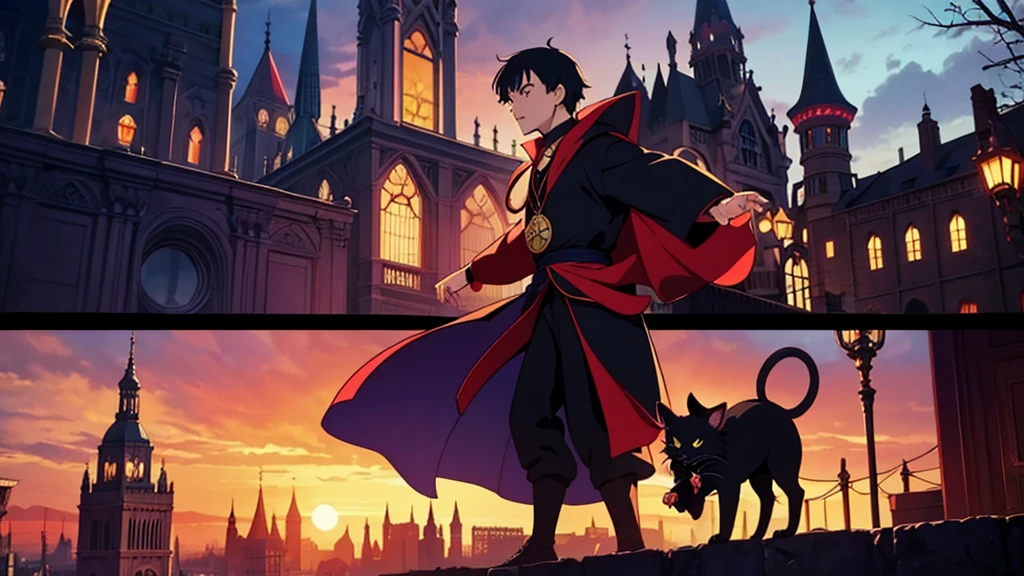 Dr Strange as a domesticated black cat, amulet collar, chases after rat in a gothic mansion, high detail, atmospheric, 1980s anime screen caps 