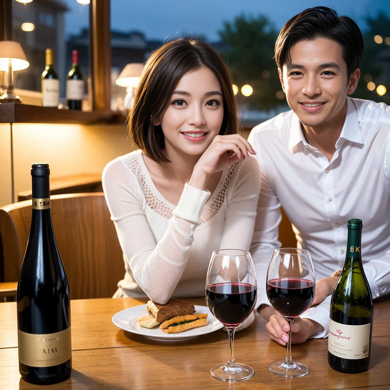 ((Highest quality、8K、masterpiece:1.3))、 (Genuineistic, Genuine、Bright image、Intricate details:1.2), 最高のsmile、1 male 1 female、Beautiful couple、Lovey-dovey lovers、fiancee、Good friends、actress couple、smile、Full-course dinner at a packed table、 (Slim face), (the body is slim), (Brown Hair), (short hair), テーブルのwine glass、Please shine a light on my face、 Amazing view of the sunset sky and clouds、42 years old 39 years old, red wine 、Appetizers、Wine bottle、sparkling wine、Long sleeve shirt、dress、White wine, red wine, wine glass, 