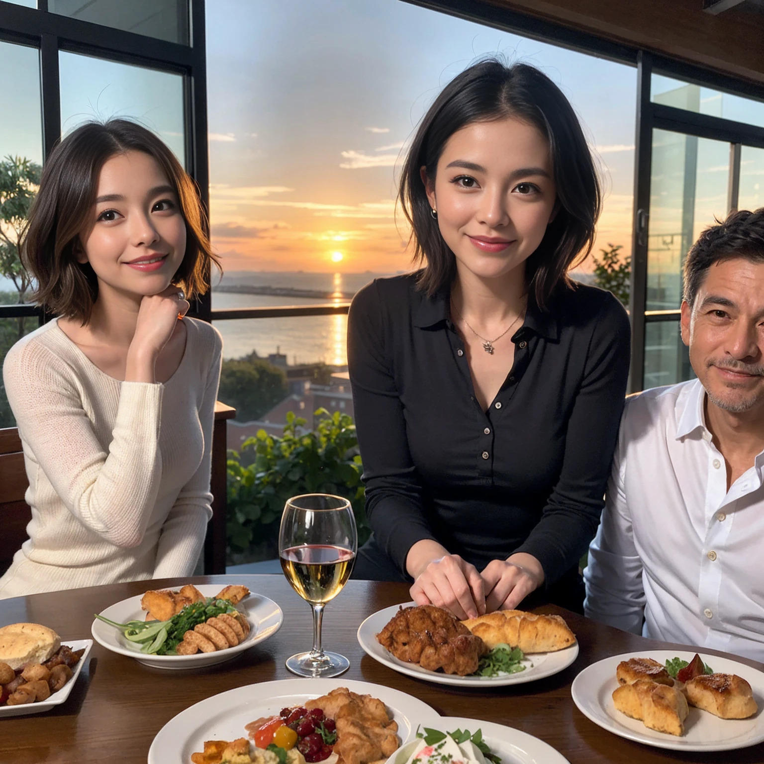 ((Highest quality、8K、masterpiece:1.3))、 (Genuineistic, Genuine、Bright image、Intricate details:1.2), 最高のsmile、1 male 1 female、Beautiful couple、Lovey-dovey lovers、fiancee、Good friends、actress couple、smile、Full-course dinner at a packed table、 (Slim face), (the body is slim), (Brown Hair), (short hair), テーブルのwine glass、Please shine a light on my face、 Amazing view of the sunset sky and clouds、42 years old 39 years old, red wine 、Appetizers、Wine bottle、sparkling wine、Long sleeve shirt、dress、White wine, red wine, wine glass,