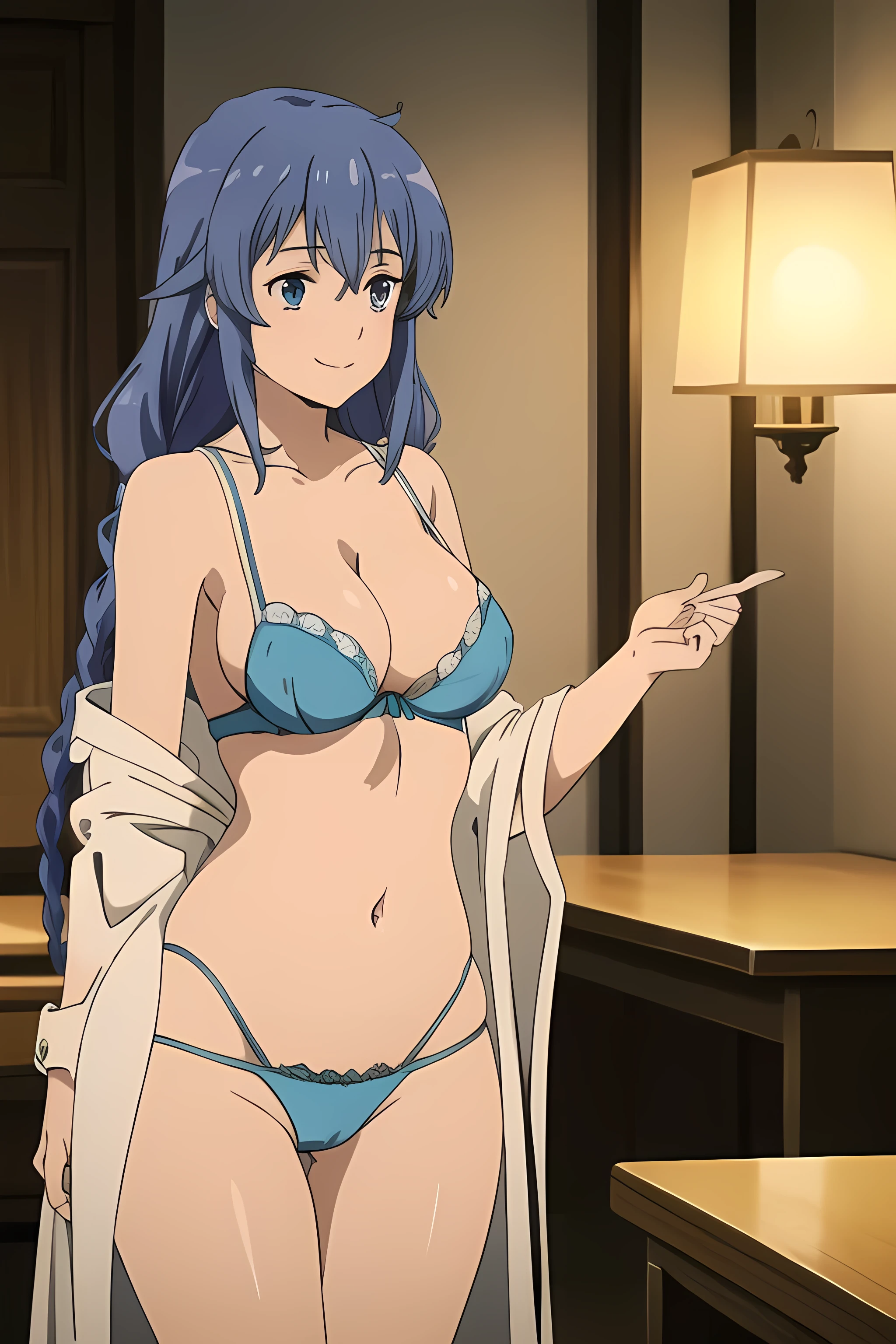 (extremely detailed CG unity 8k wallpaper), (masterpiece), (best quality), (ultra-detailed), (best illustration), (best shadow), (absurdres), 1girl, solo, pefrect face, perfect eyes, shining breasts, close the camera perky tits, vivid colors, cleavage, vivid, mediumbreasts, twin braids, long hair, blue hair, blue eyes, seductive smile, turquoise lace bra, turquoise lace panties, turquoise lingerie, cameltoe, no clothes, only lingerie, seductive, no any clothes, just lingerie, fat pussy, cameltoe