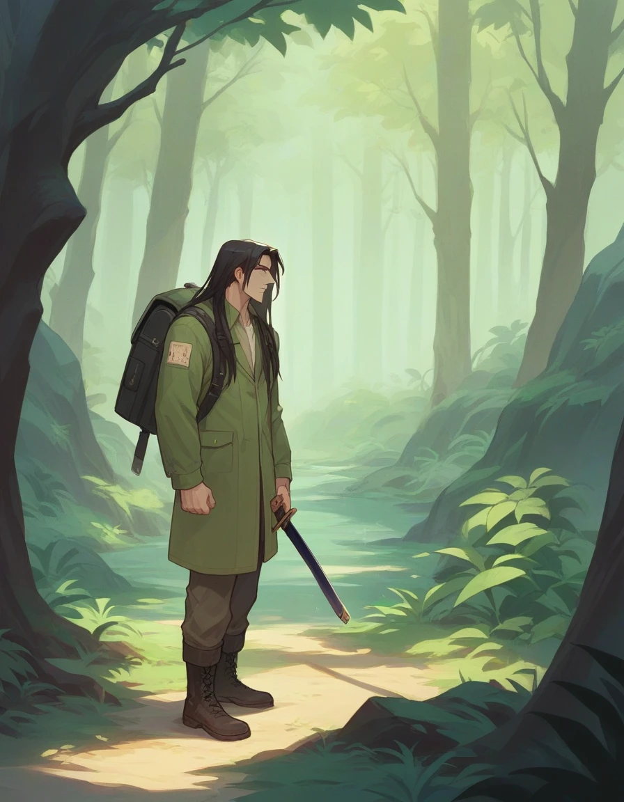 
A full body, cinematic portrait of a Malay-looking man with long hair wearing boots. He is 170 cm tall and weighs 70 kg. He is wearing a dark green parka jacket and a North Face backpack, standing in a foggy rainforest with a a blade of katana. He is an outdoor explorer. The background has subtle light, creating a magical rainforest scene. The man is walking in the rainforest, creating a mystical rainforest atmosphere. His face is looking at the camera, and the portrait is taken from the side. The image should be realistic.