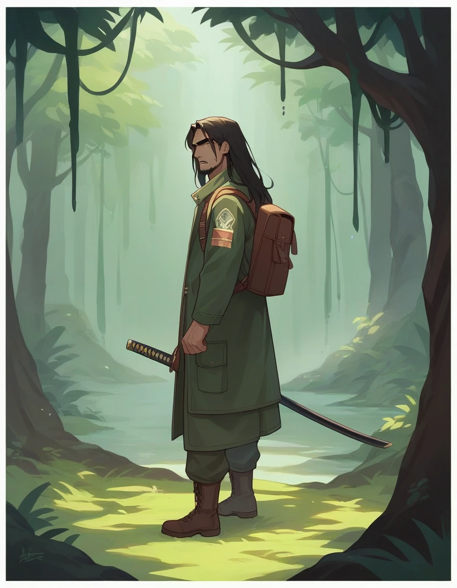 
A full body, cinematic portrait of a Malay-looking man with long hair wearing boots. He is 170 cm tall and weighs 70 kg. He is wearing a dark green parka jacket and a North Face backpack, standing in a foggy rainforest with a a blade of katana. He is an outdoor explorer. The background has subtle light, creating a magical rainforest scene. The man is walking in the rainforest, creating a mystical rainforest atmosphere. His face is looking at the camera, and the portrait is taken from the side. The image should be realistic.