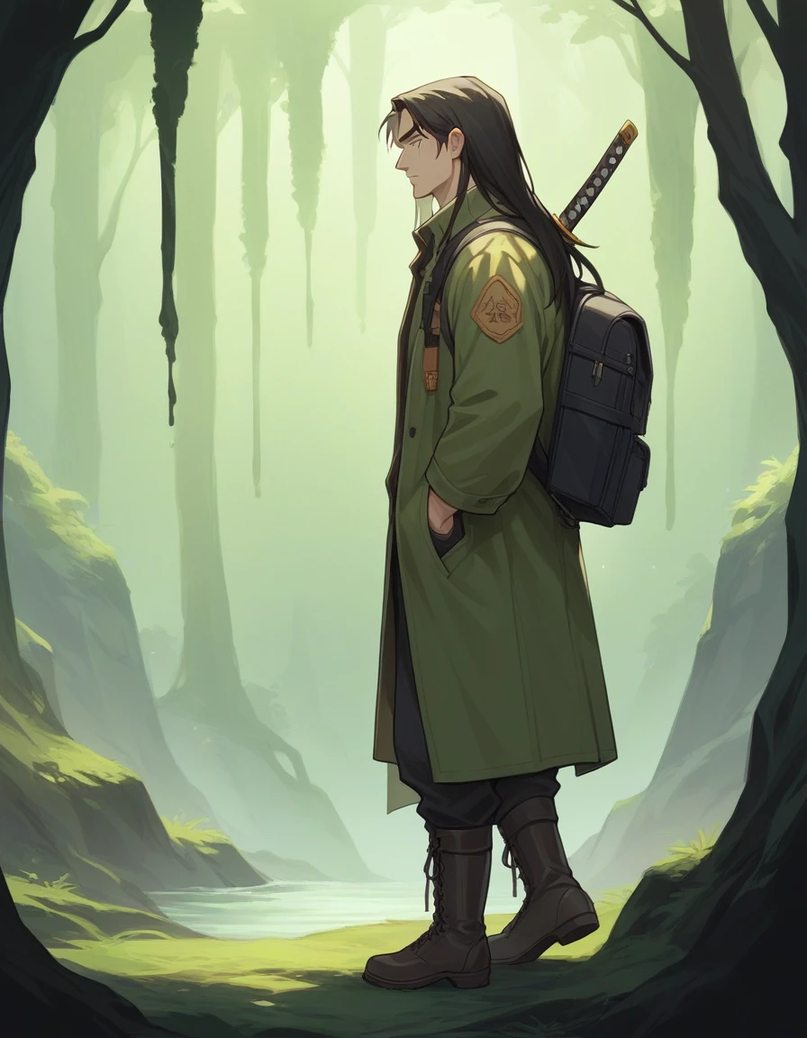 
A full body, cinematic portrait of a Malay-looking man with long hair wearing boots. He is 170 cm tall and weighs 70 kg. He is wearing a dark green parka jacket and a North Face backpack, standing in a foggy rainforest with a a blade of katana. He is an outdoor explorer. The background has subtle light, creating a magical rainforest scene. The man is walking in the rainforest, creating a mystical rainforest atmosphere. His face is looking at the camera, and the portrait is taken from the side. The image should be realistic.